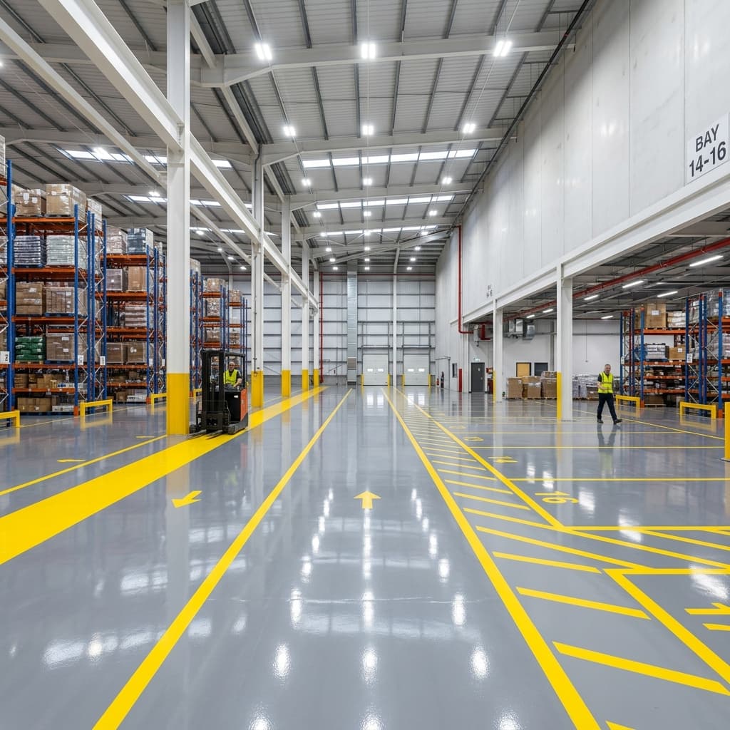 Industrial warehouse interior showing high-gloss gray epoxy floor coating with safety markings