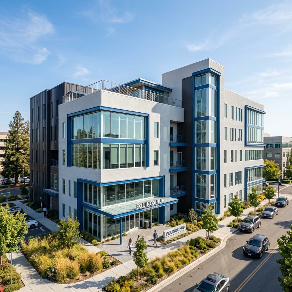 Newly painted modern commercial office complex exterior facade with blue trim details